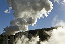Steam rising from large thermally powered Wairakei Power Station, North Island, New Zealand