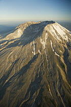 Aerial view of Mount St Helens crater with Mount Hood behind, Mount St Helens National Volcanic Monument, Washington