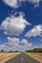 Cumulus clouds above paved road in desert, Northern Territory, Australia