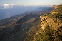 Sandstone cliffs that stop monsoon clouds, allowing for the cloud forest to exist below, Hawf Protected Area, Yemen