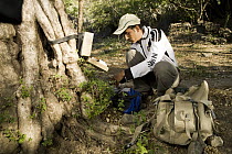 Arabian Leopard (Panthera pardus nimr) researcher Waleed Al'Rail checking camera trap, Hawf Protected Area, Yemen