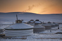 Tourist yurt camp in winter, Hustai National Park, Mongolia