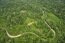 Maxus Road, originally an oil road and building showing colonization, Yasuni National Park, Amazon, Ecuador