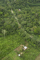 Maxus Road, originally an oil road, and building showing colonization, Yasuni National Park, Amazon, Ecuador