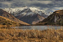 Black Peak from frozen lake above Matukituki River near Wanaka, Otago, New Zealand