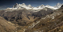 Huandoy Mountain and Chacraraju Mountain peaks seen from head of Yanganuco Valley, Cordillera Blanca, Andes, Peru