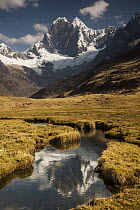Jirishanca peak, 6090 meters, reflection in stream running into Mitococha Lake, Cordillera Huayhuash, Andes, Peru