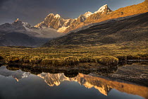 Jirishanca peak, 6090 meters, dawn reflection in stream running into Mitococha Lake, Cordillera Huayhuash, Andes, Peru