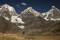 Trekker beneath Yerupaja, Yerupaja Chico and Jirishanca from above Carhuacocha Lake, Cordillera Huayhuash, Andes, Peru