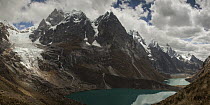 Glacial moraine lakes and Yerupaja and Siula Grande peaks, Cordillera Huayhuash, Andes, Peru