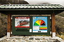 Backcountry avalanche warning signs, Ball Pass, Mount Cook National Park, Canterbury, New Zealand