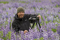 Nootka Lupine (Lupinus nootkatensis) field and photographer Ingo Arndt, Alaska