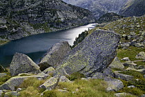 Granite boulders and Estany Negre Lake, Aiguestortes I Estany de Sant Maurici National Park, Pyrenees, Catalonia, Spain