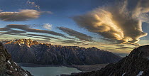 Clouds at dusk over Tasman Glacier valley, seen from summit of Mount Kinsey, Mount Cook National Park, Canterbury, New Zealand