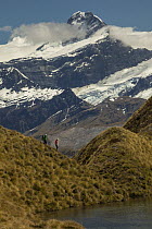 Trekkers on Buchanan Peaks with Mount Aspiring behind, Lake Wanaka, New Zealand