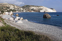 Chalk cliff coastline and beach, Aphrodite's Rock, Cyprus