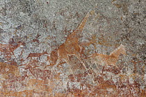 Southern Giraffe (Giraffa giraffa) and other wildlife depicted in San bushman rock paintings, estimated at around 2000 years old, Nswatugi Cave, Matobo National Park, Zimbabwe