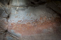 African wildlife and human figures depicted in San bushman rock paintings, estimated at around 2000 years old, Nswatugi Cave, Matobo National Park, Zimbabwe