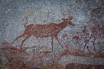 Greater Kudu (Tragelaphus strepsiceros) depicted in San Bushman rock paintings, estimated at around 2000 years old, Nswatugi Cave, Matobo National Park, Zimbabwe