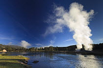 Active geysers on the Yellowstone River east of Dragon's Mouth Spring, Yellowstone National Park, Wyoming