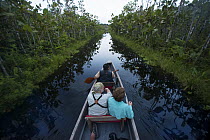 Tourists and birdwatchers in canoe, Amazon, Ecuador