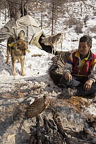 Tsataan man cooking ribs over fire while dog watches and Reindeer investigates teepee, Hunkher Mountains, Mongolia