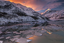 Mount Cook reflection in ice covered Mueller Lake, Mount Cook National Park, Canterbury, New Zealand