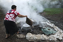 Woman using geothermal hot spring for cooking, Fiji