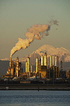 Oil refinery with Mount Baker behind, seen from Fidalgo Bay, Anacortes, Washington