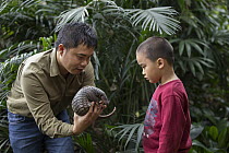Malayan Pangolin (Manis javanica) conservationist, Thai Van Nguyen, showing rescued three month old baby to young boy, Carnivore and Pangolin Conservation Program, Cuc Phuong National Park, Vietnam, d...