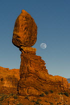 Rock formation and full moon, Balanced Rock, Arches National Park, Utah