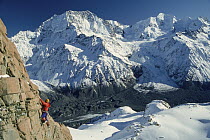 Climber on buttress, Novara Buttress, Tasman Glacier, Mount Cook, Mount Tasman, Mount Cook National Park, New Zealand