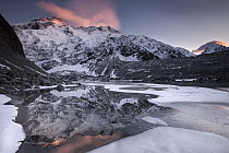 Frozen glacial lake, Mount Sefton, Mount Cook, Mount Cook National Park, New Zealand