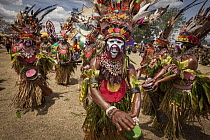 Men in ritual make-up and traditional clothing dancing during a sing-sing, Goroka Show, Goroka, Eastern Highlands, Papua New Guinea