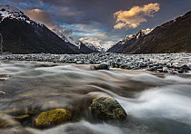 Mathias River at dusk, Southern Alps, Canterbury, New Zealand