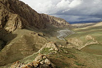 River and floodplain with snow-capped mountains, Pikertyk, Tien Shan Mountains, eastern Kyrgyzstan