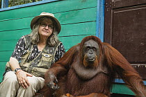 Orangutan (Pongo pygmaeus) primatologist, Dr. Birute Mary Galdikas, and dominant female, Camp Leakey, Tanjung Puting National Park, Central Kalimantan, Borneo, Indonesia
