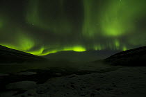 Aurora borealis over valley, Putorana Plateau, Siberia, Russia