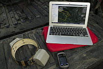 Mountain Lion (Puma concolor) collar and gps data on computer, Santa Cruz Puma Project, Santa Cruz Mountains, California
