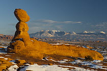 Sandstone rock formation in winter, La Sal Mountains, Arches National Park, Utah
