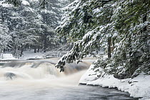 Waterfall and river in winter, Mersey River, Kejimkujik National Park, Nova Scotia, Canada