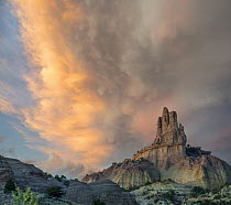 Cloudy sky over rock formation, Church Rock, Red Rock State Park, New Mexico