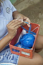 Cotton-top Tamarin (Saguinus oedipus) conservationist making eco-mochil bag, traditional style bags made out of littered plastic bags, which are then sold to tourists to raise money for tamarin conser...