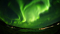 Aurora borealis in night sky over bay, Norway