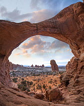 The Windows Section from Double Arch at sunrise, Arches National Park, Utah