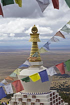 Stupa surrounded by prayer flags, Karma Thegsum Tashi Gomang, San Luis Valley, Crestone, Colorado