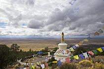 Stupa surrounded by prayer flags, Karma Thegsum Tashi Gomang, San Luis Valley, Crestone, Colorado