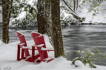 Adirondack chairs along river in winter, Mersey River, Kejimkujik National Park, Nova Scotia, Canada