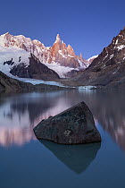 Cerro Torre shortly before sunrise with Laguna Torre and Grande Glacier, Los Glaciares National Park, Andes, Patagonia, Argentina