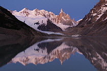 Cerro Torre shortly before sunrise with Laguna Torre and Grande Glacier, Los Glaciares National Park, Andes, Patagonia, Argentina